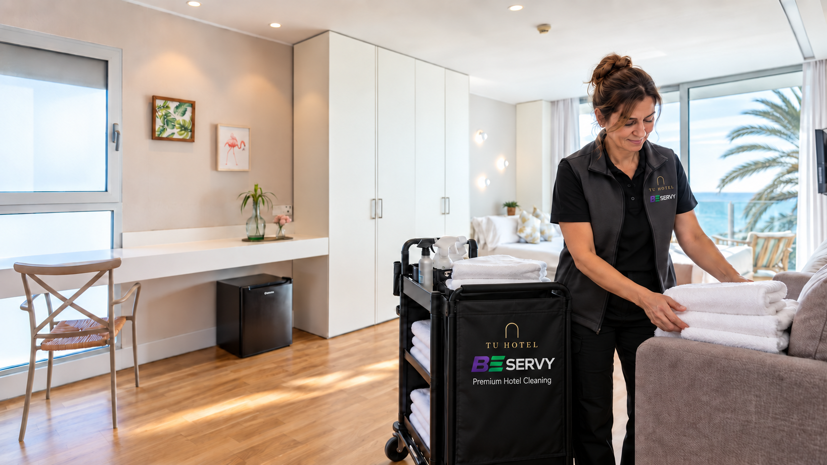 Conceptual visualisation of a team and cleaning trolley with the Tu Hotel identity