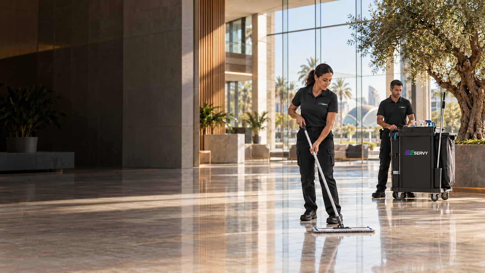 Corporate visualisation of cleaning professionals with BESERVY uniforms and trolley in a large atrium